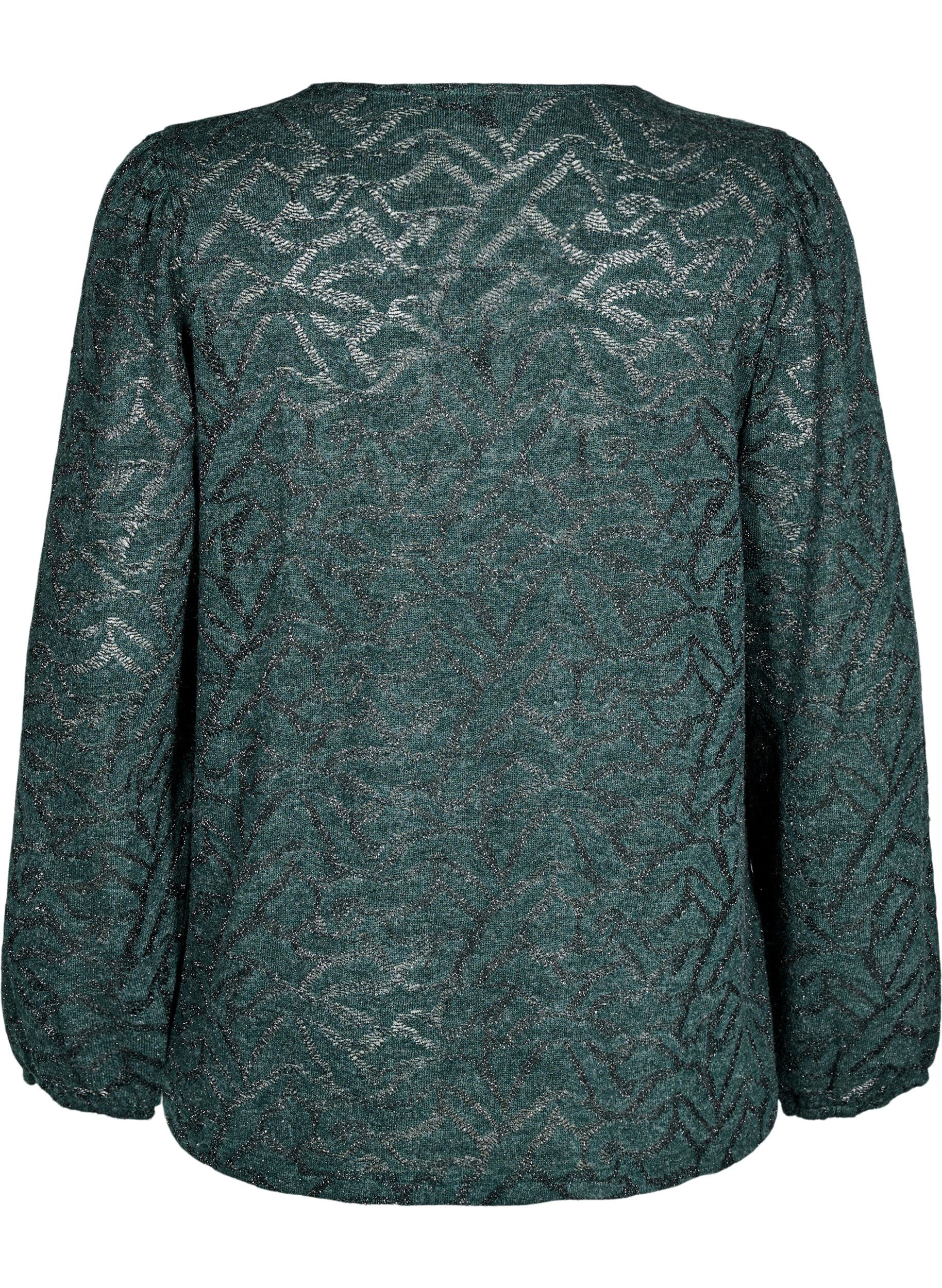 Zizzi Blouse met lange mouwen met glitter en patroon, Groen, Packshot image number 1