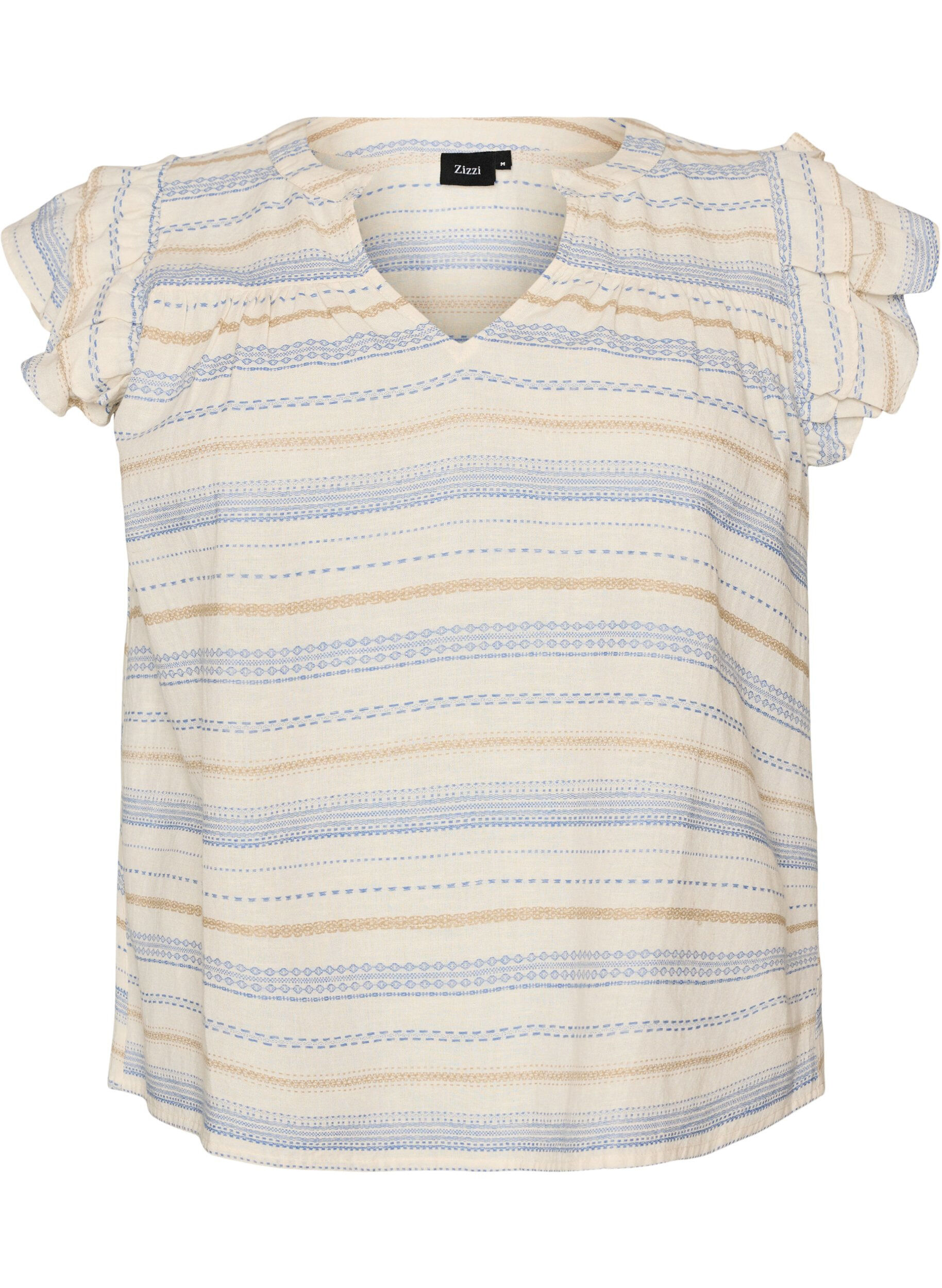 Mouwloze blouse met ruches en gestreept patroon