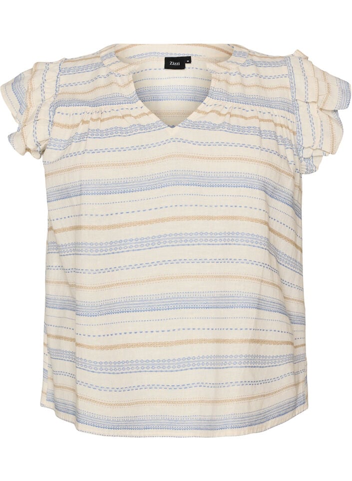 Mouwloze blouse met ruches en gestreept patroon, Vanille, Packshot image number 0