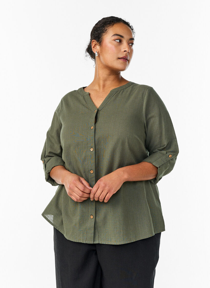 Katoenen blouse met V-hals, Groen, Model image number 0