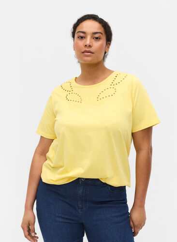 T-shirt met korte mouwen en broderie anglaise, Goldfinch Mel., Model image number 0