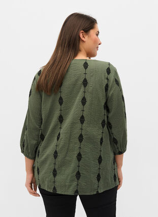 Gedessineerde blouse met v-snit en 3/4 mouwen, Thyme, Model image number 1