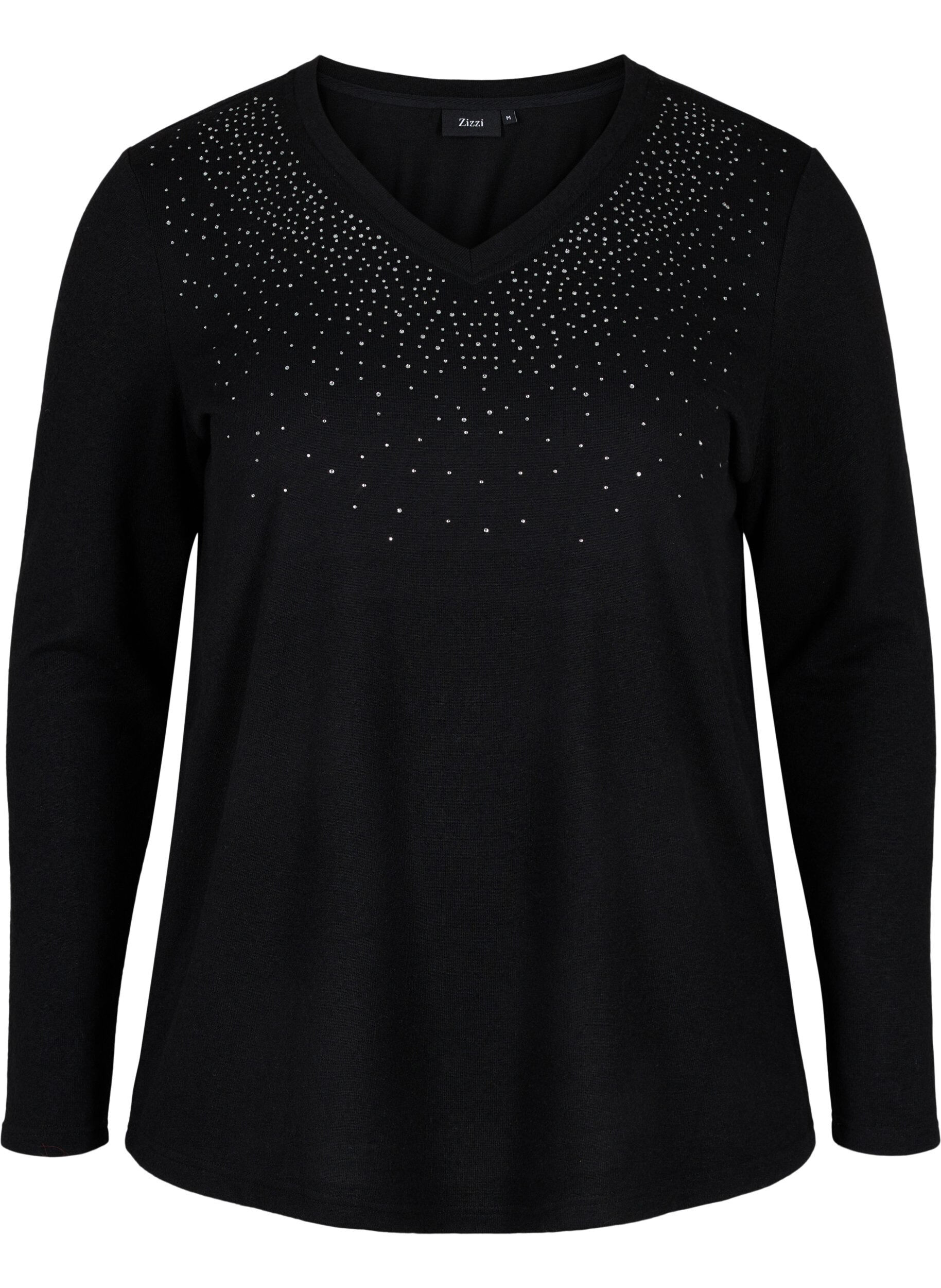Zizzi Blouse met similisteen en lange mouwen, Black, Packshot image number 0