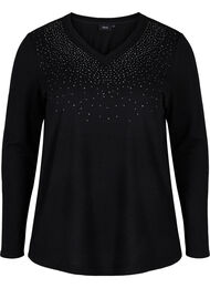 Blouse met similisteen en lange mouwen, Black