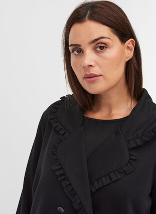 Lange jas met brede kraag en ruche details, Black, Model image number 2