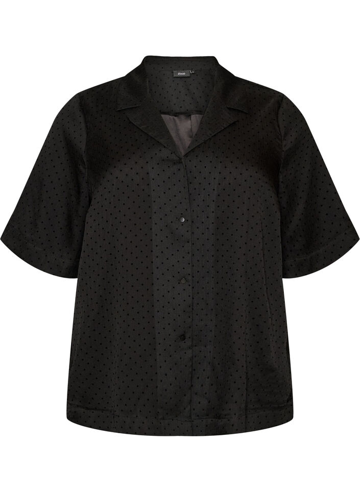 Polkadot blouse met revers, Zwart, Packshot