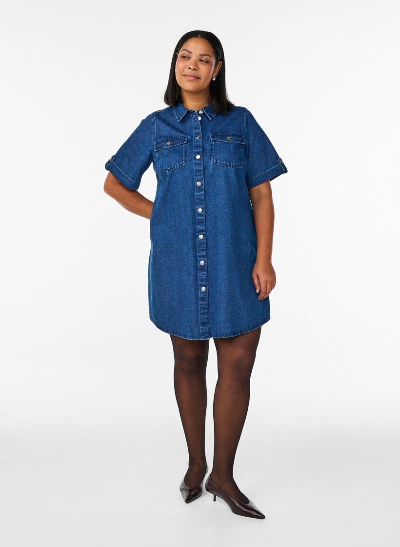 Denimjurk met korte mouwen en knopen, Blauw, Model image number 1