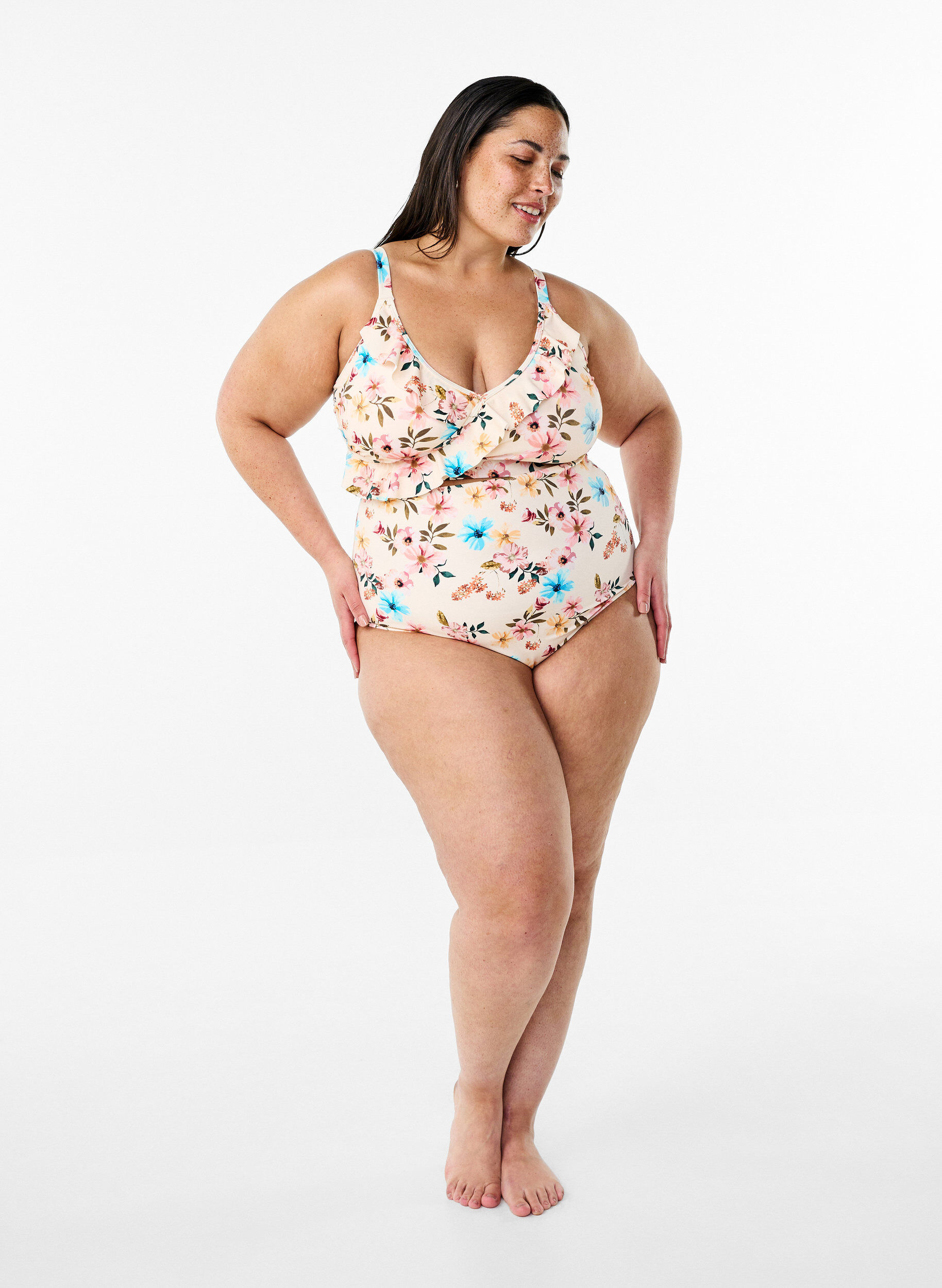 Zizzi Bikinibroekje met extra hoge taille en bloemenprint, Beige, Model image number 1