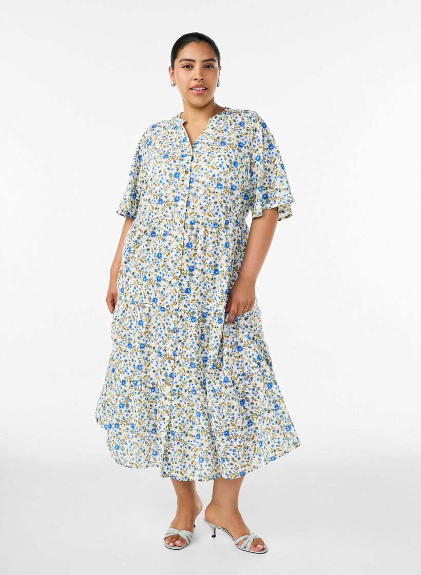 Katoenen midi jurk met bloemenprint, Blauw, Model image number 0