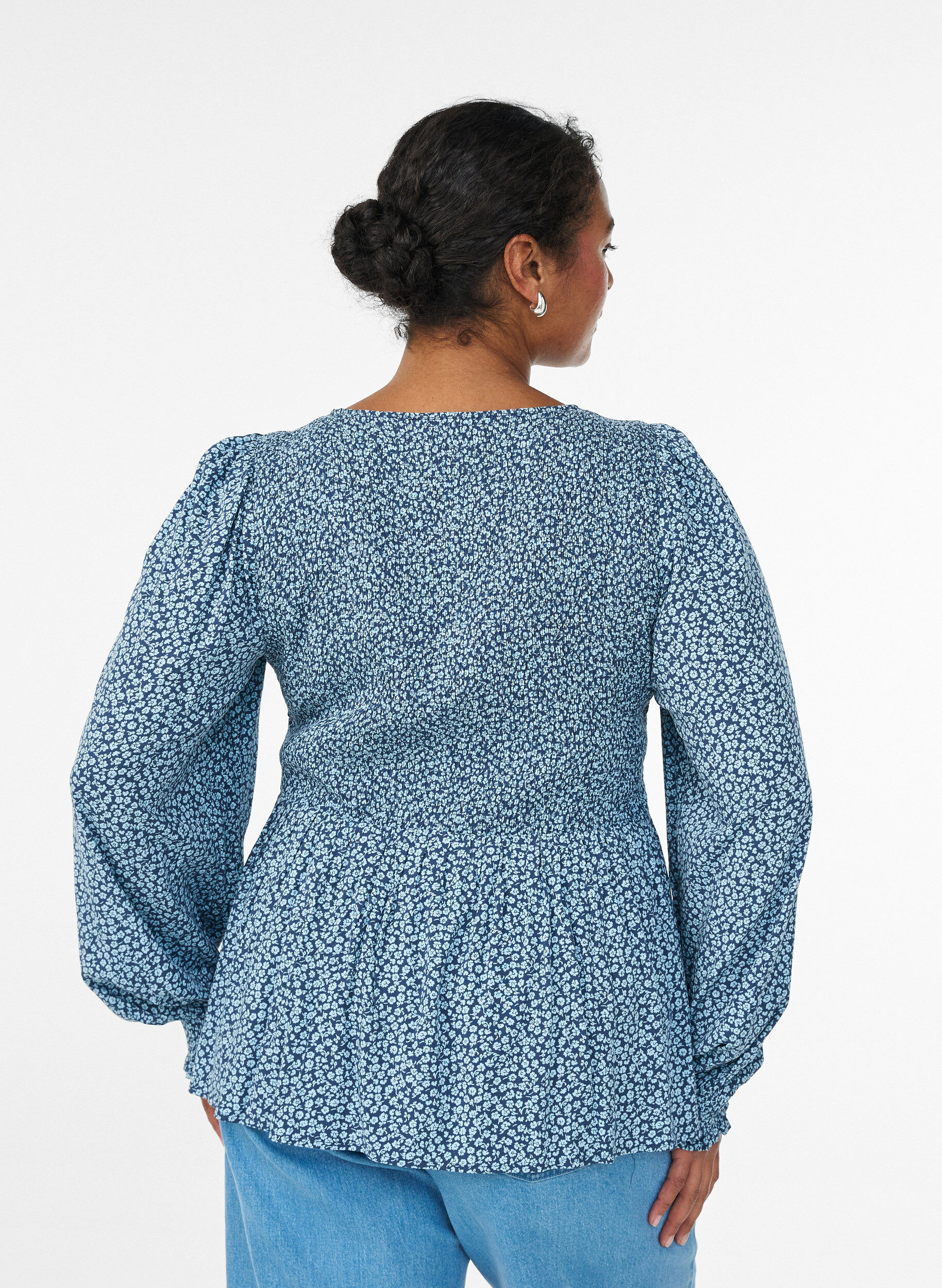 ZizziBlouse met gesmokte top en bloemenprint, Blauw, Model image number 2