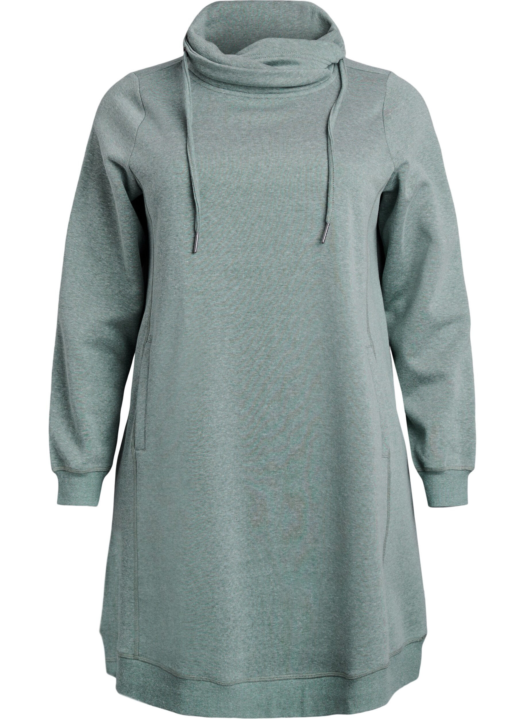 Zizzi Kort sweatshirt jurk met hoge kraag en zakken, Groen, Packshot image number 0