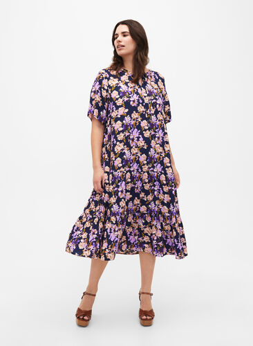 Viscose jurk met korte mouwen en print, Small Flower AOP, Model image number 0