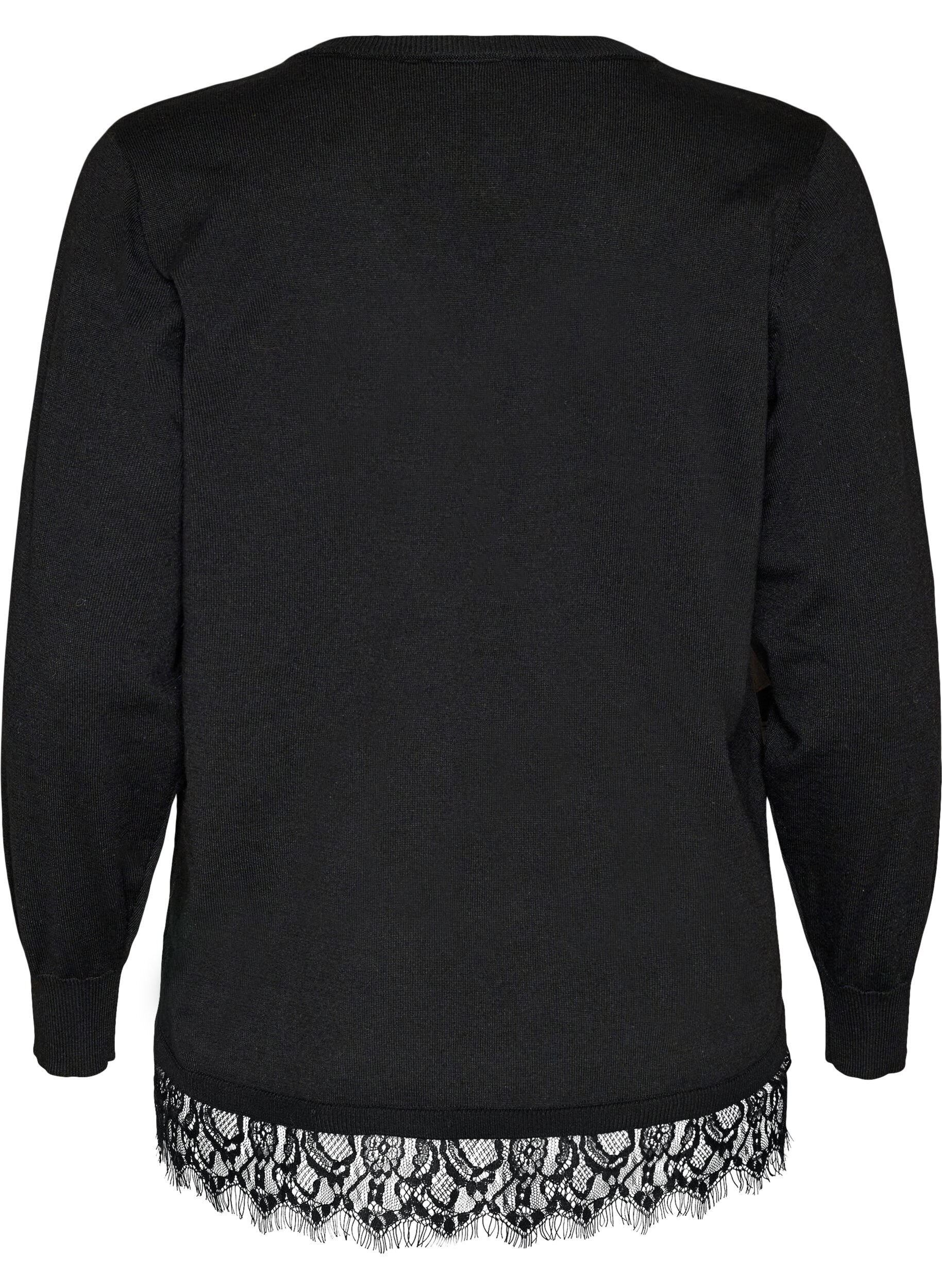 ZizziGebreide blouse met V-hals en kanten rand, Zwart, Packshot image number 1