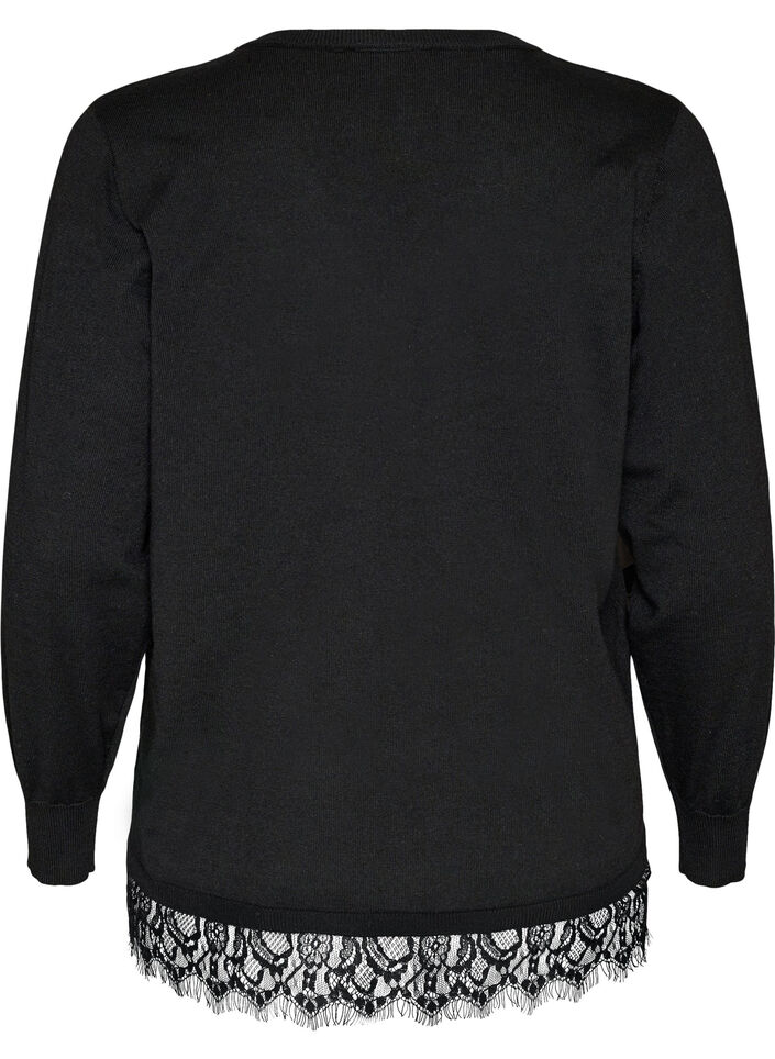 Gebreide blouse met V-hals en kanten rand, Zwart, Packshot image number 1