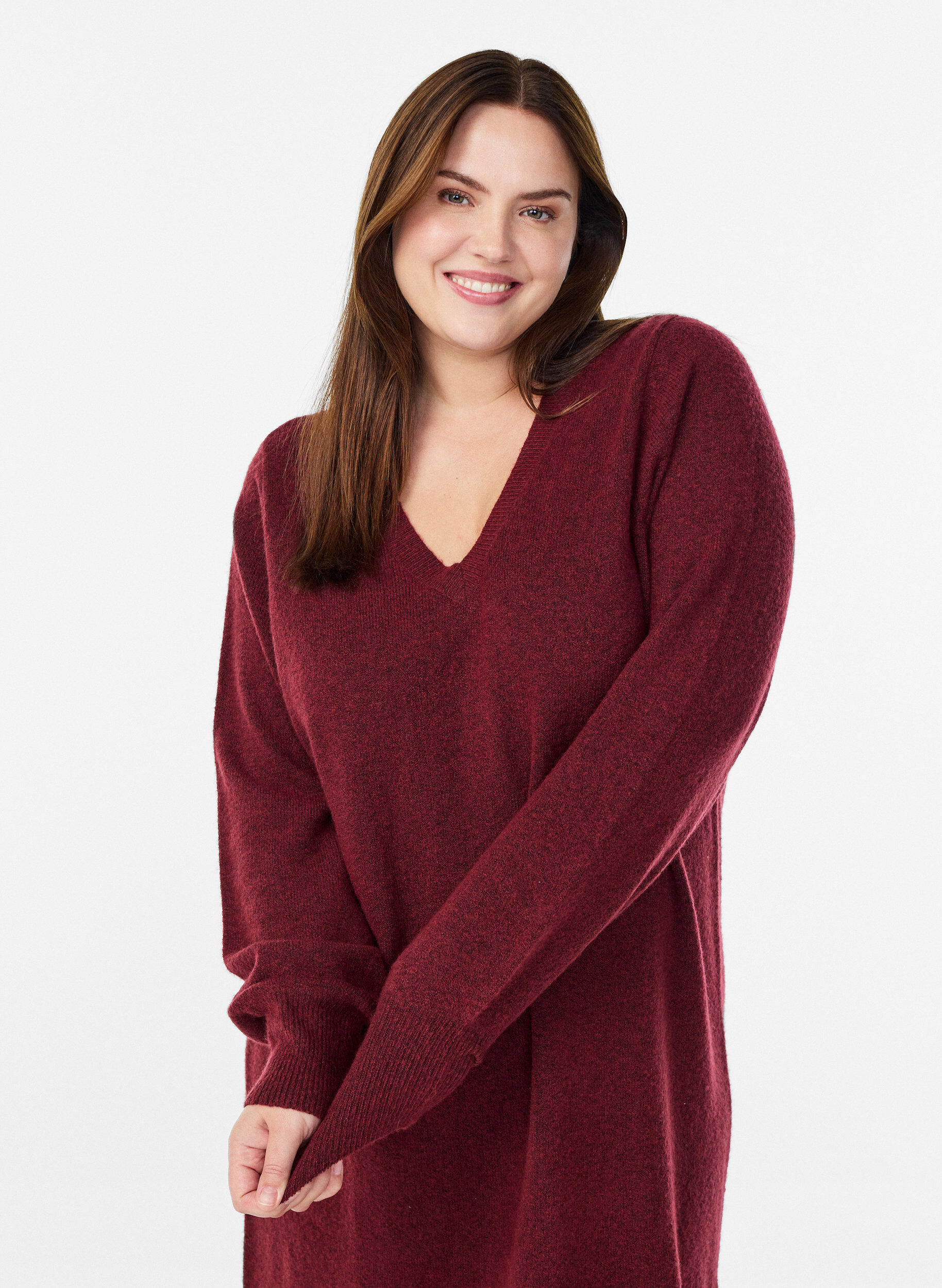 ZizziGebreide jurk met lange mouwen en V-hals, Rood, Model image number 2
