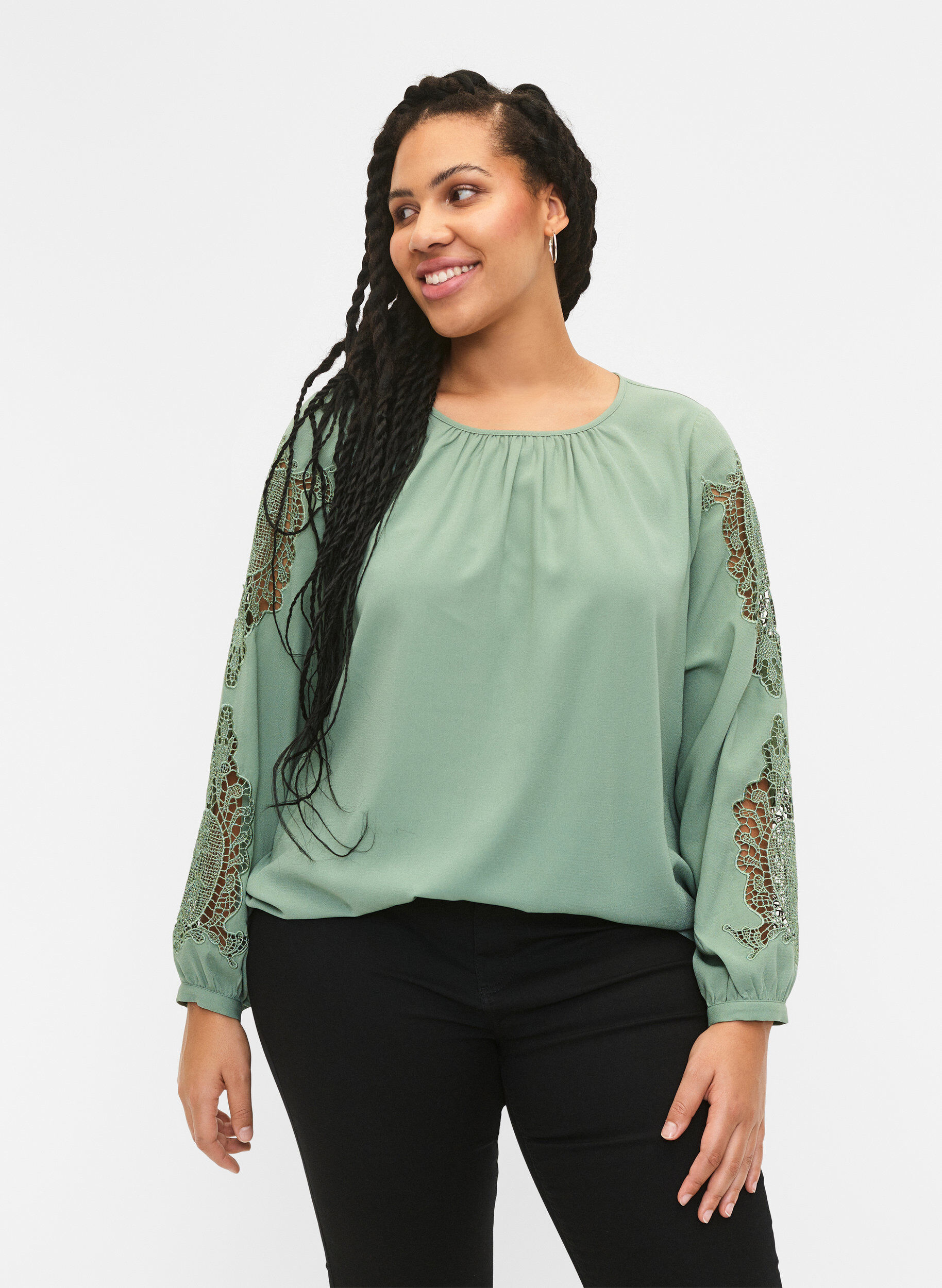 Zizzi Blouse met lange mouwen en gehaakte details, Green Bay, Model image number 0