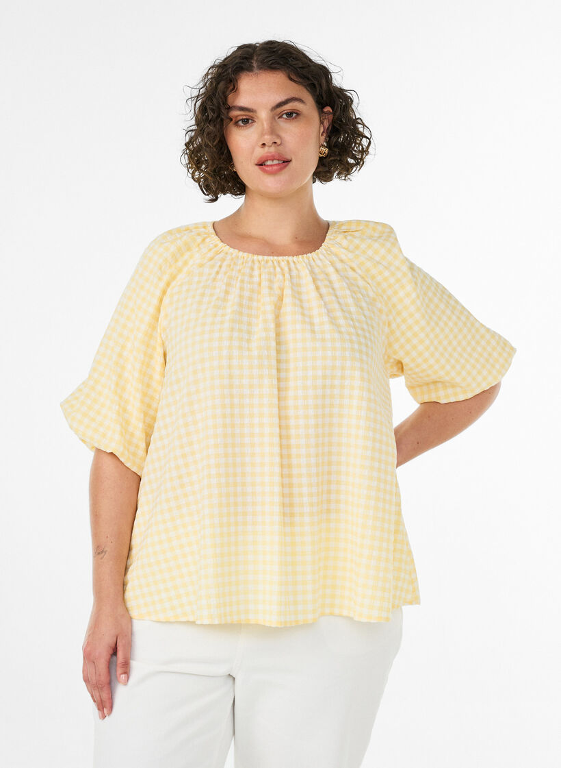 Blouse met kleine ruit, elastische hals en halflange mouwen, Geel, Model image number 0