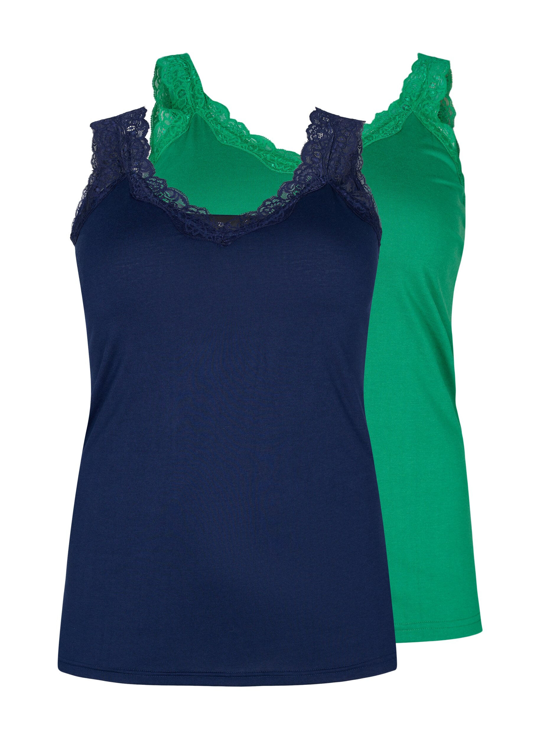 Zizzi 2-pack topjes met kant, Navy B/Jolly Green, Packshot image number 0