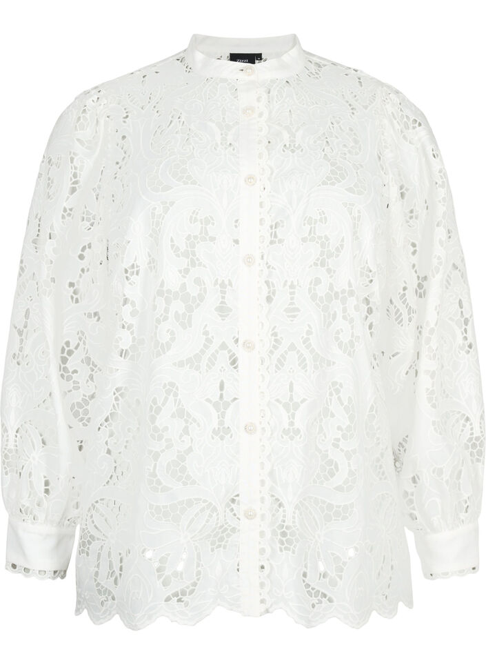 Kanten shirt blouse met lange mouwen, White, Packshot image number 0