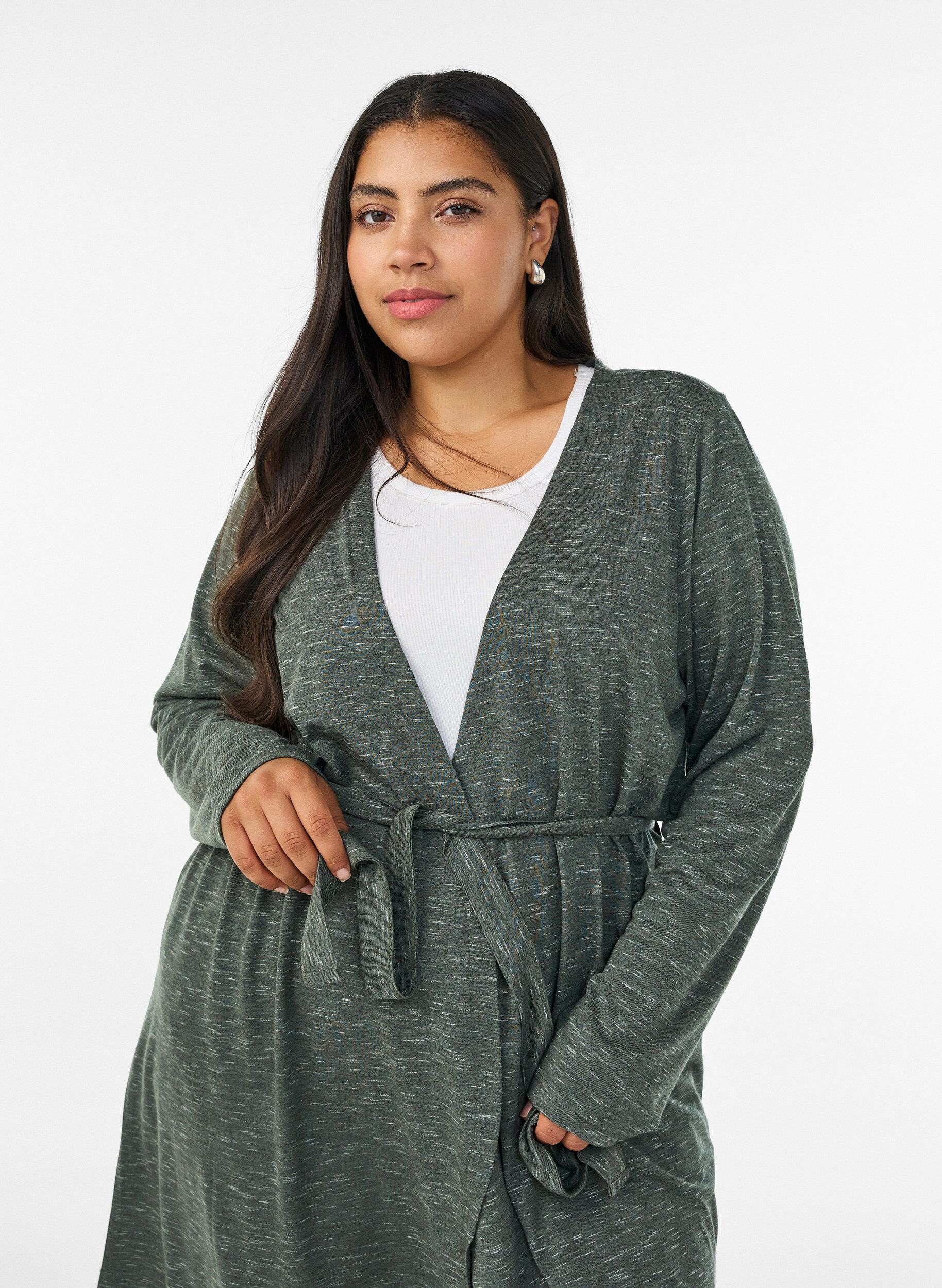 ZizziLange jersey vest met strikceintuur, Groen, Model image number 2