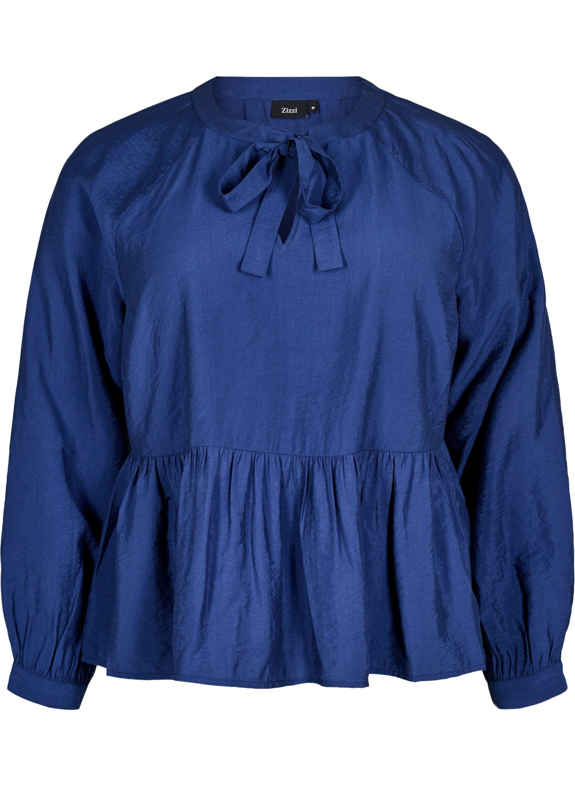 Zizzi Blouse met strik en lange mouwen, Blauw, Packshot image number 0