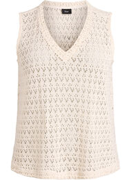 Mouwloze blouse met oogjesborduurwerk en V-hals, Beige