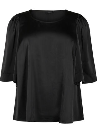 Satijnen blouse met halflange mouwen, Black, Packshot image number 0
