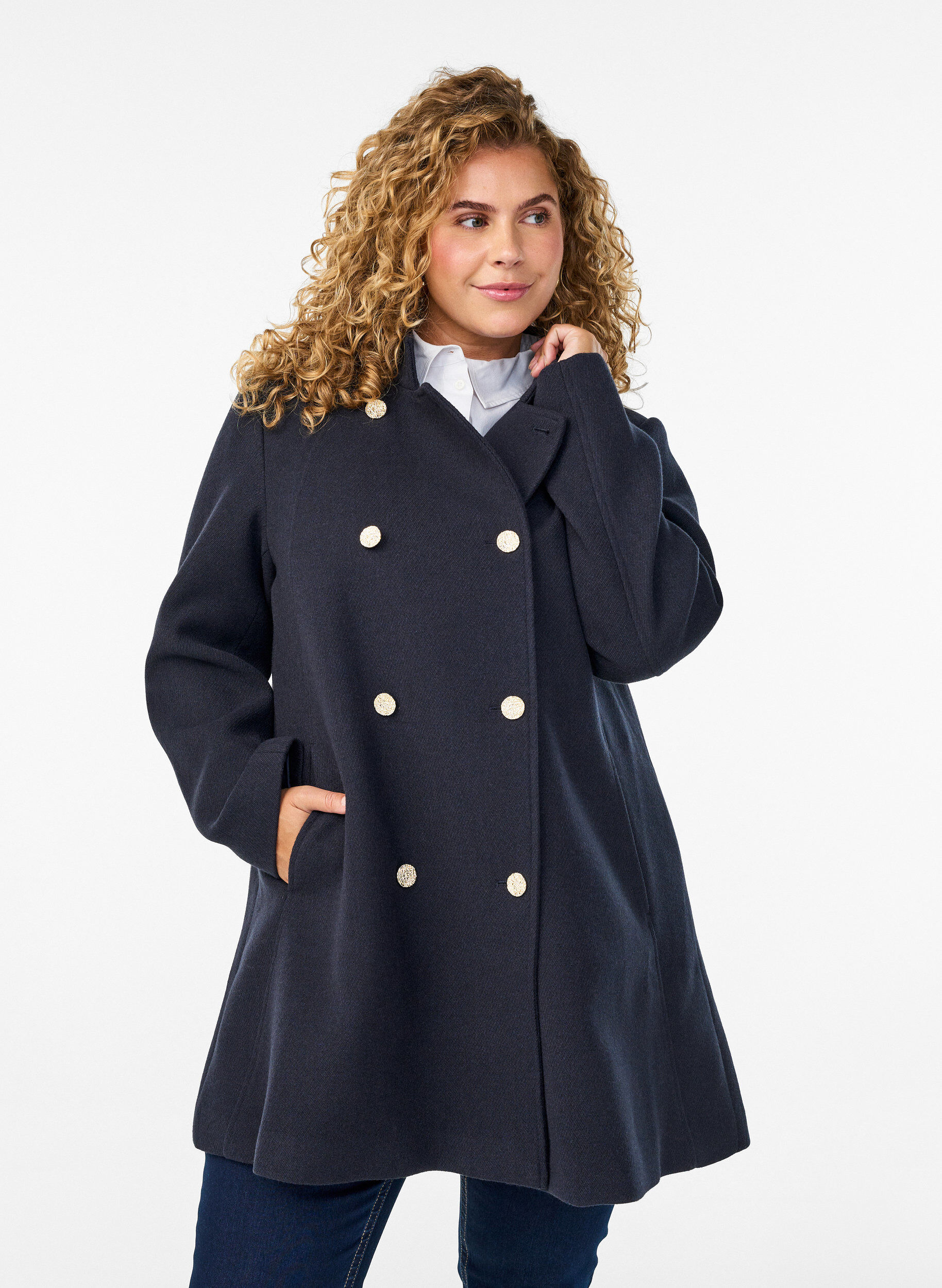 ZizziA-lijn jas met gouden knopen, Blauw, Model image number 0