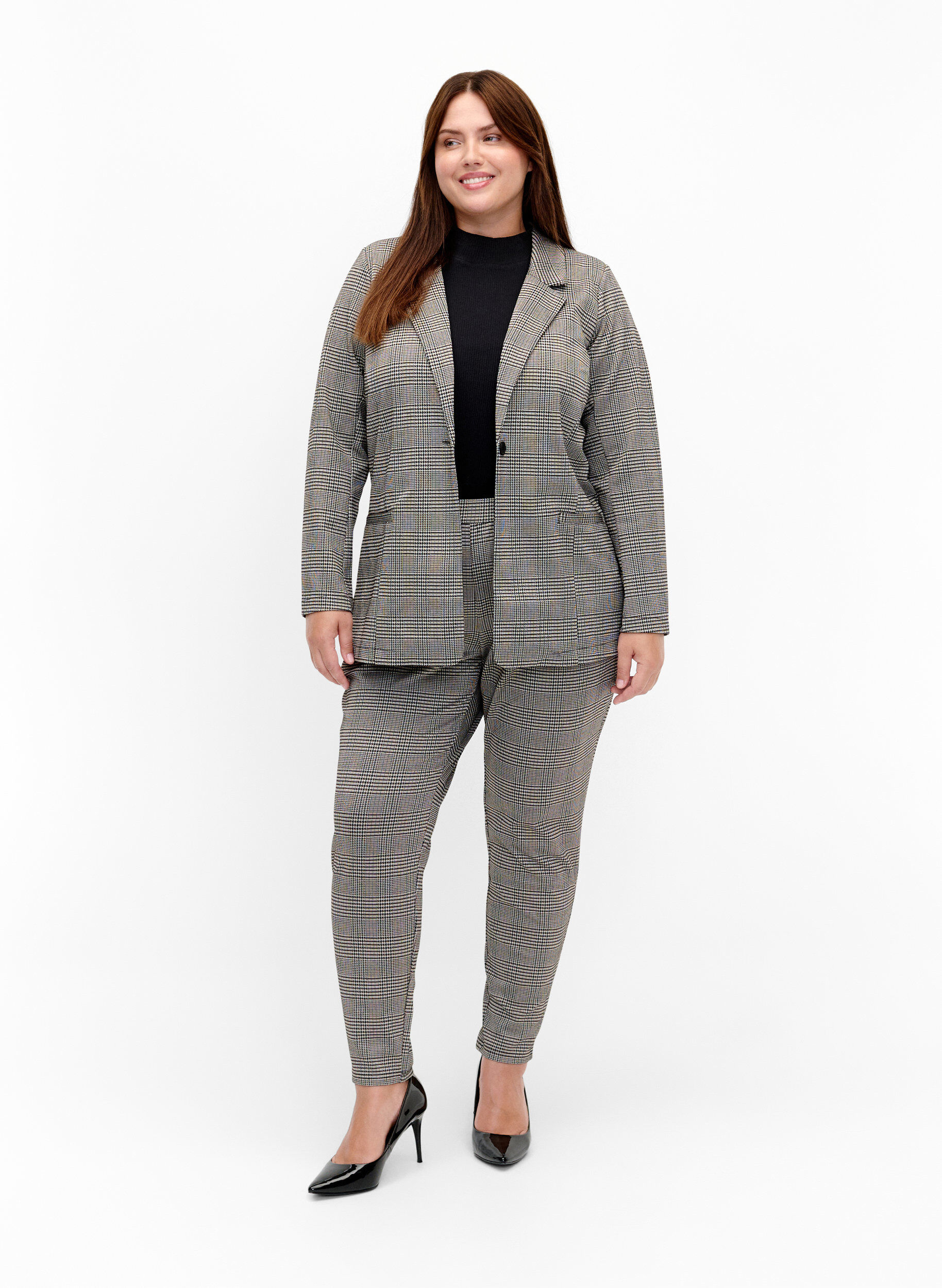 Zizzi Geruite blazer met knoopsluiting, Beige Brown Check, Model image number 2