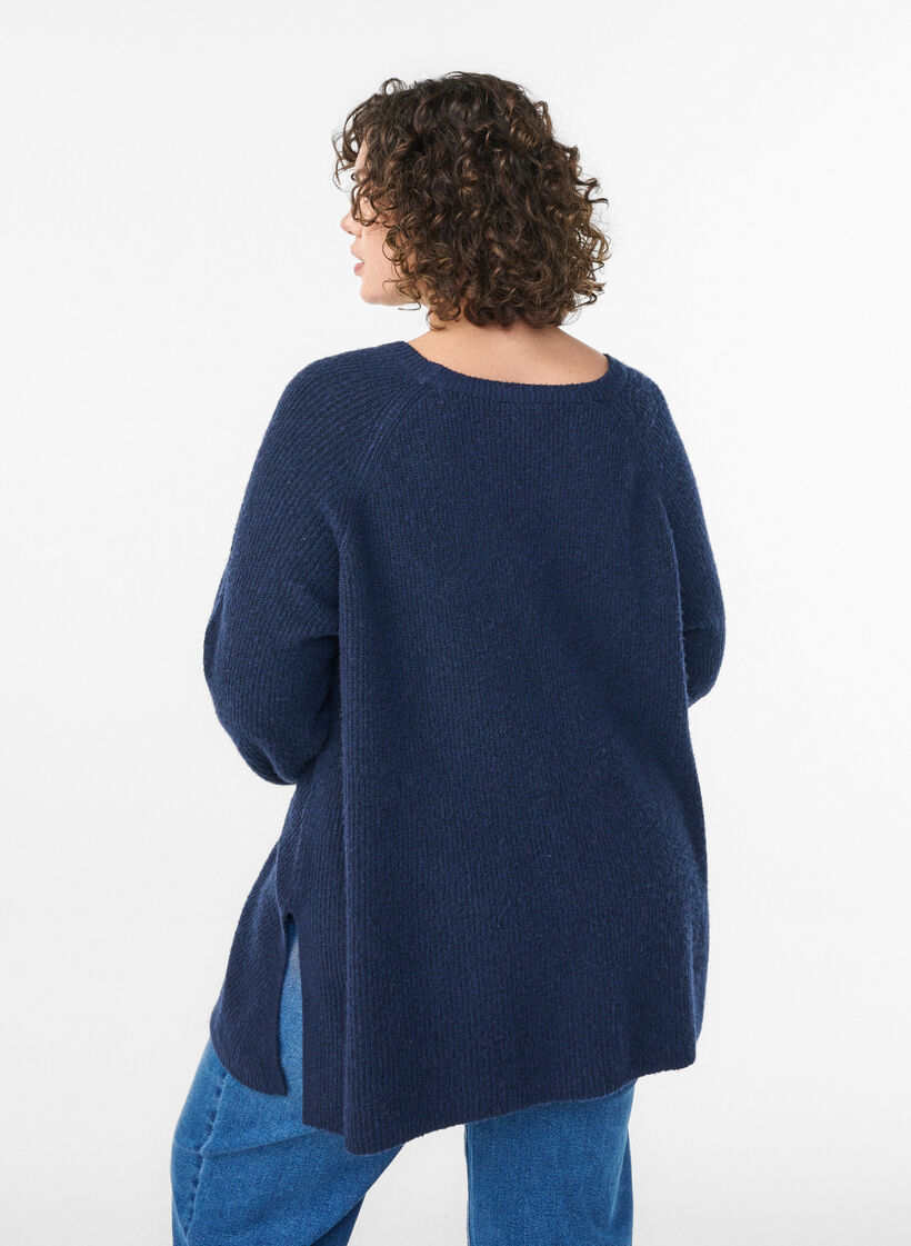 Gebreide trui met diagonale structuur en raglanmouwen, Blauw, Model image number 2