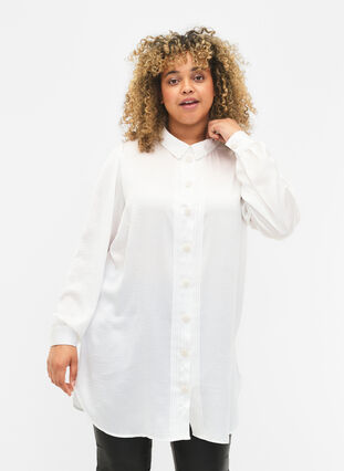 Lang shirt met parelknopen, Bright White, Model image number 0