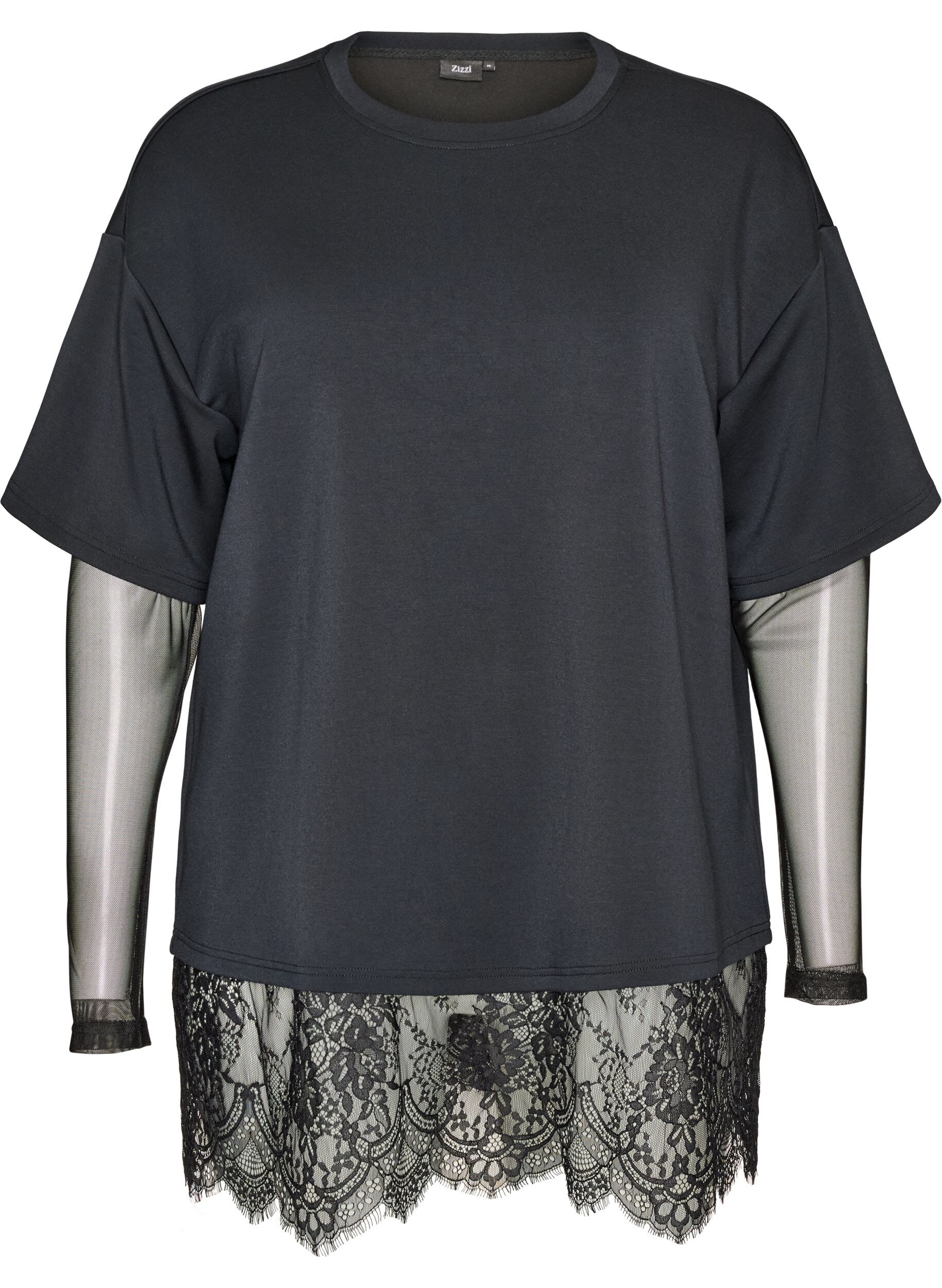 Blouse met mouwen van mesh en kanten bies