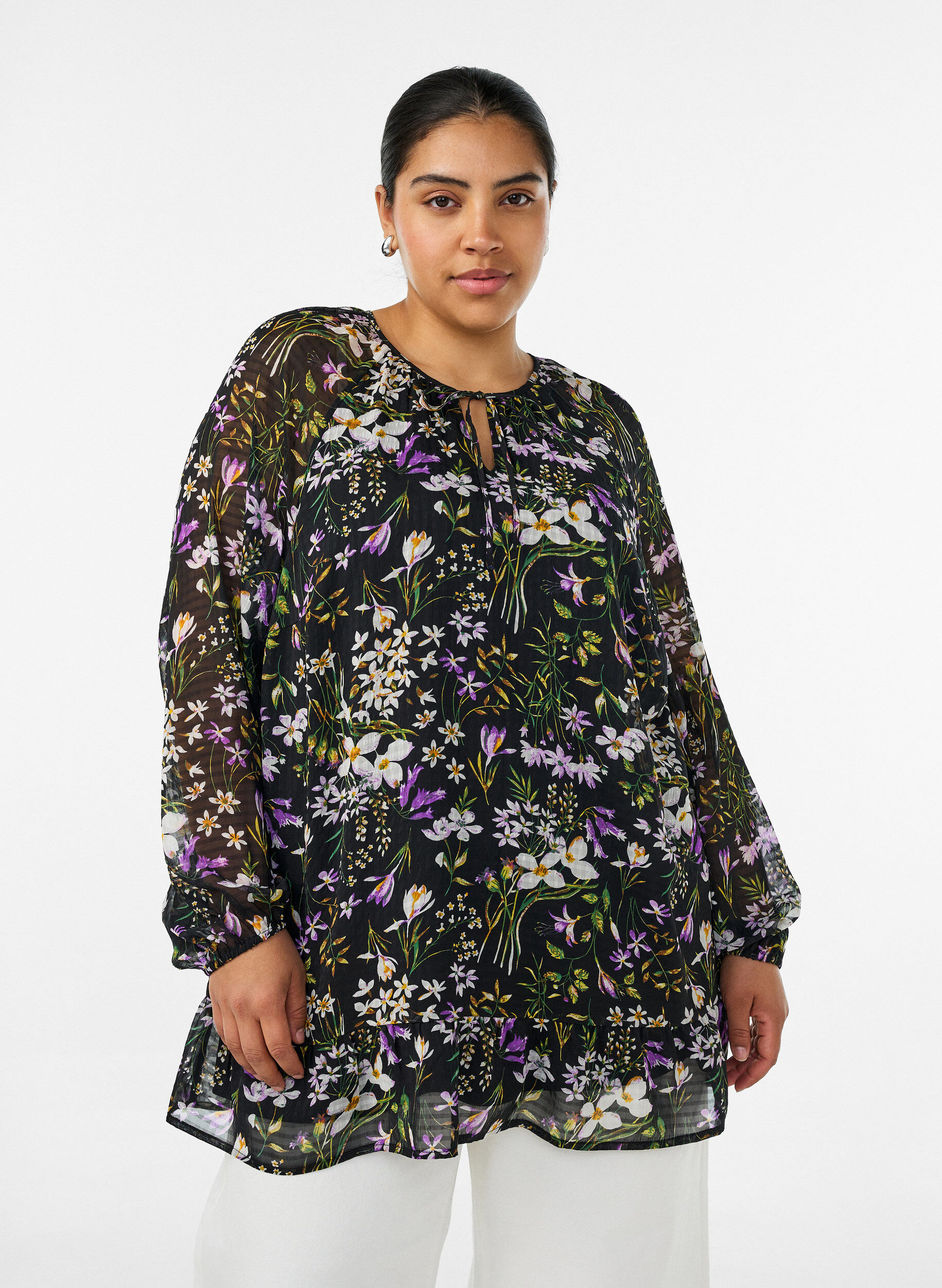 ZizziA-lijn tuniek met bloemenprint, Zwart, Model image number 0