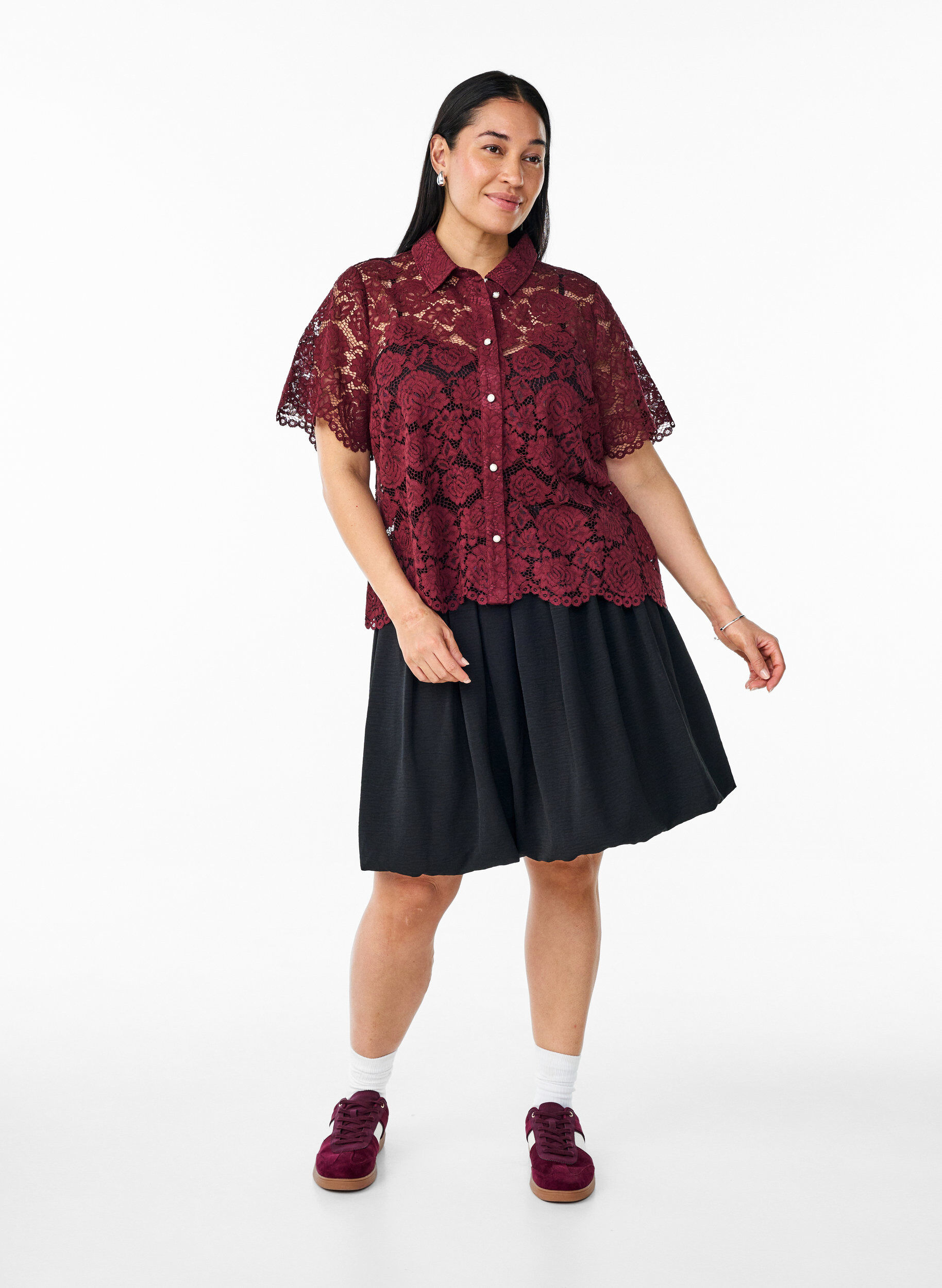 Zizzi Kanten shirt blouse met parelknopen, Donker Bordeaux, Model image number 1