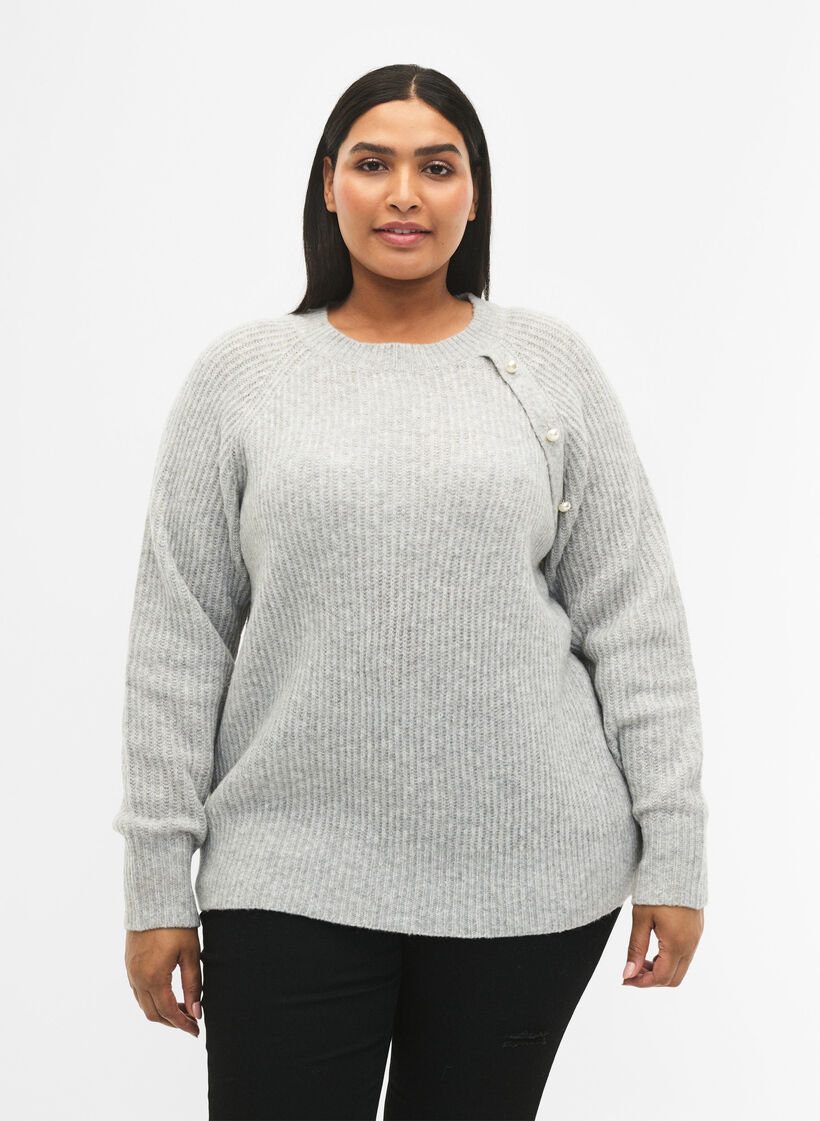 Gemêleerde pullover met parelknopen, Light Grey Melange, Model image number 0