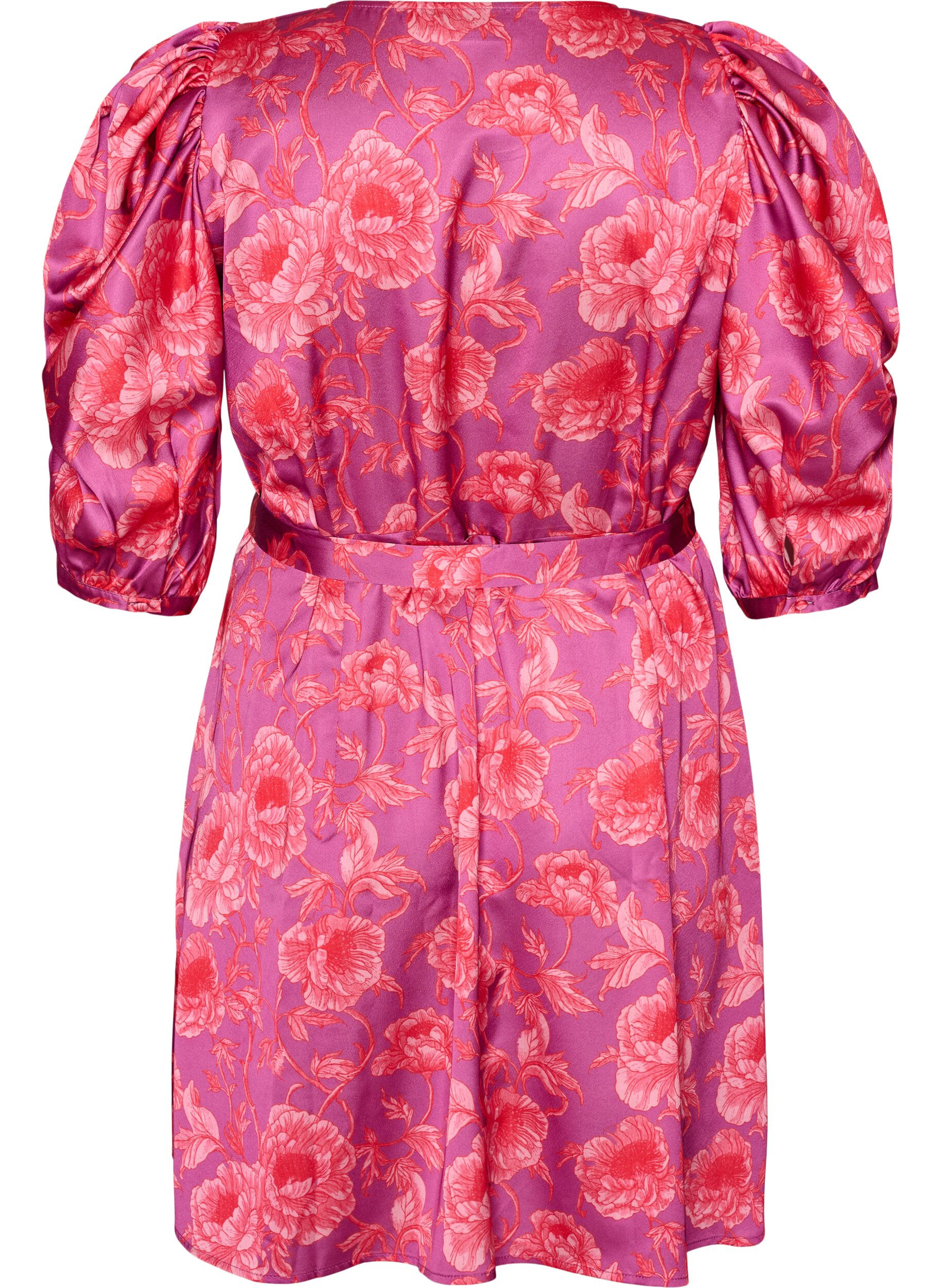 ZizziBloemenjurk met pofmouwen en strikceintuur, Roze, Packshot image number 1