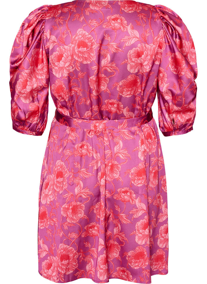 Bloemenjurk met pofmouwen en strikceintuur, Roze, Packshot image number 1