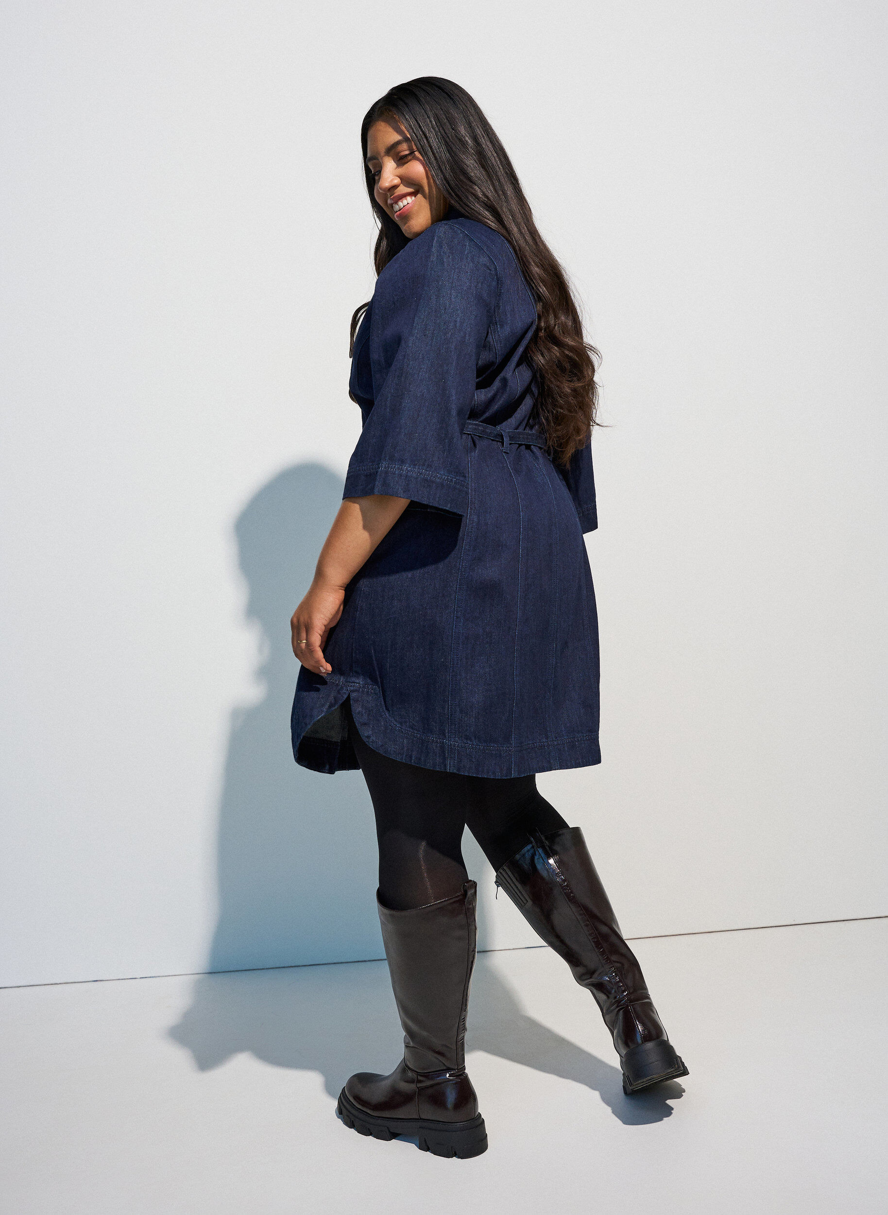 ZizziDenimjurk met riem en 3/4-mouwen, Blauw, Model image number 2