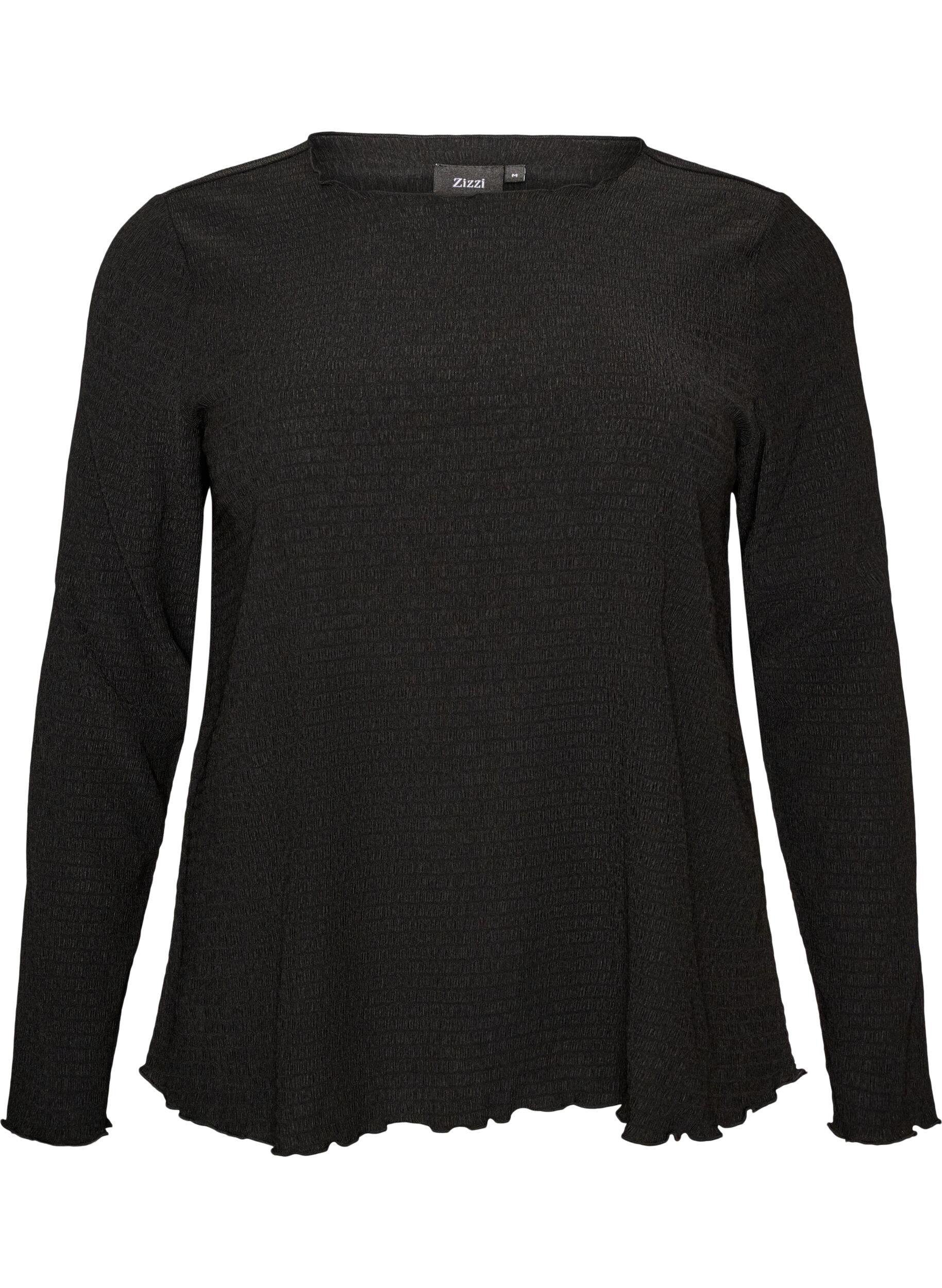 ZizziBlouse met structuur en golvende randen, Zwart, Packshot image number 0