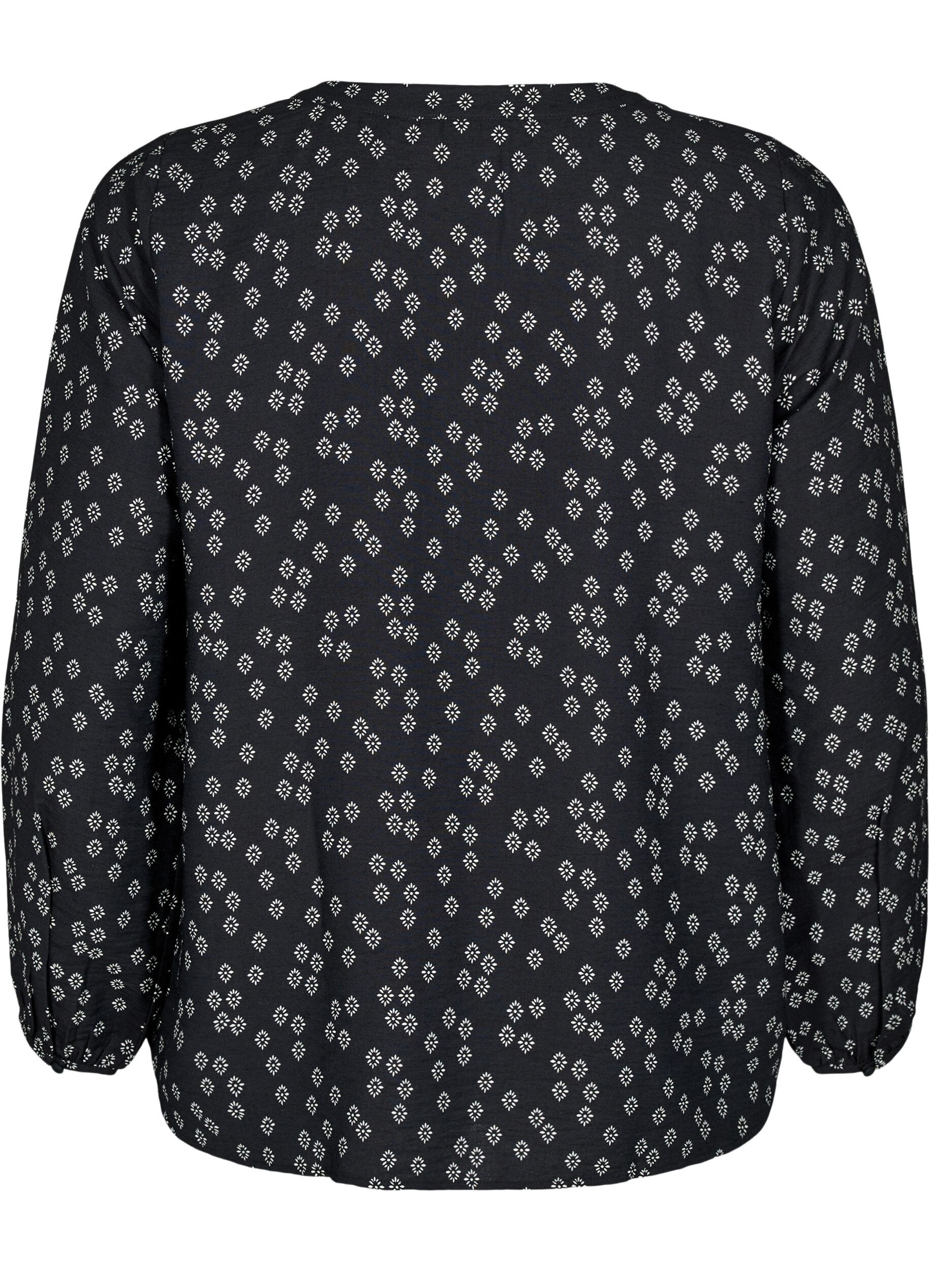 Zizzi Blouse met lange mouwen met patroon en knopen, Zwart, Packshot image number 1