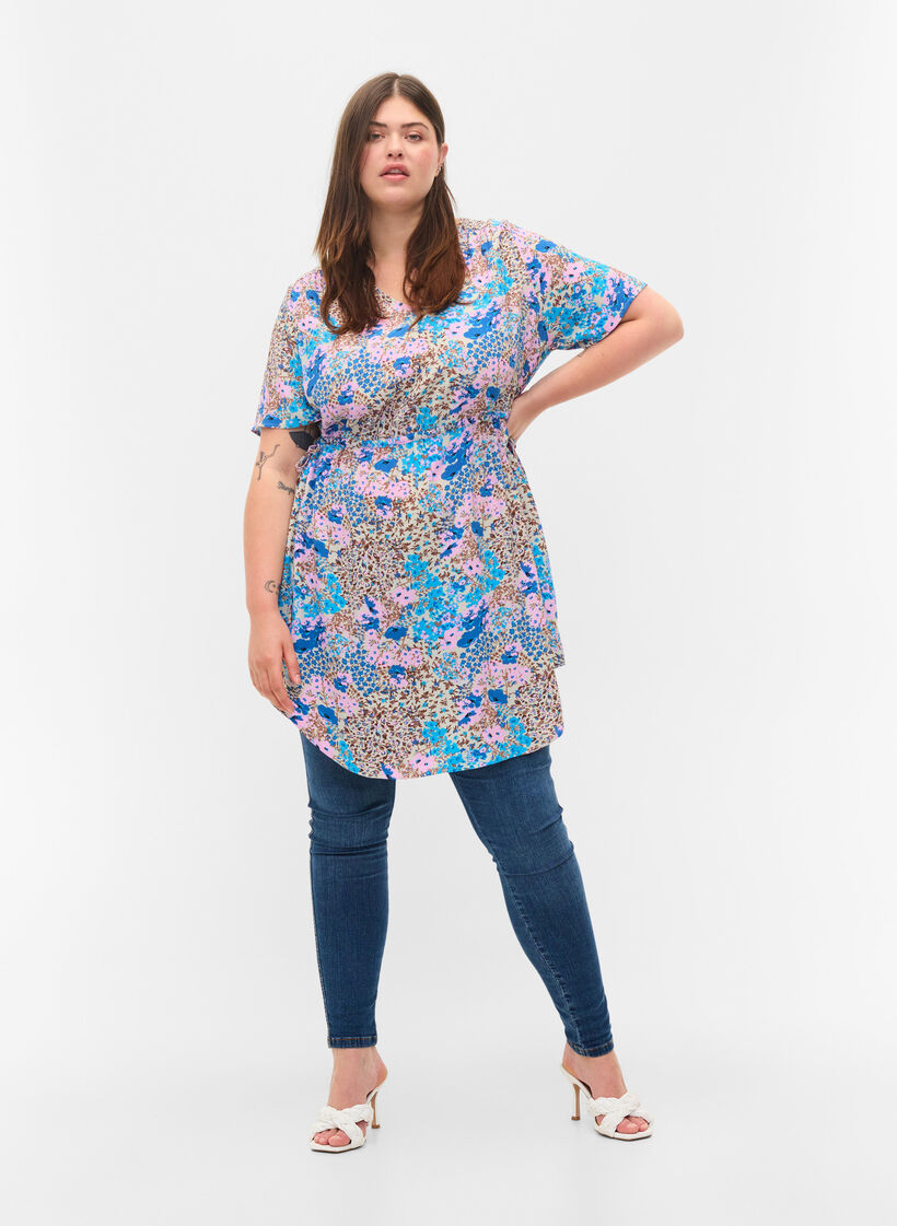 Jurk met koord details en patroon, Blue Rose Flower, Model image number 2