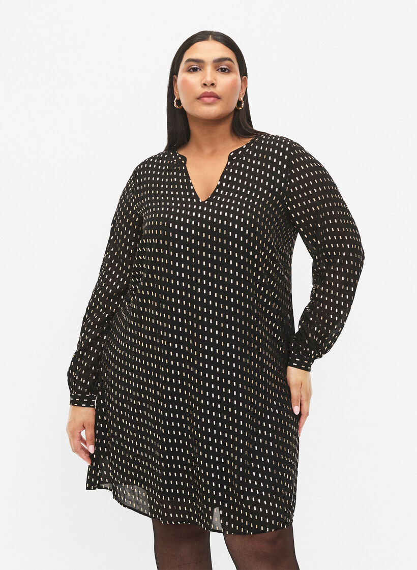 Jurk met lange mouwen en folieprint, Black w. Gold, Model image number 0