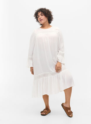 Viscose jurk met kanten details, Off White, Model image number 2