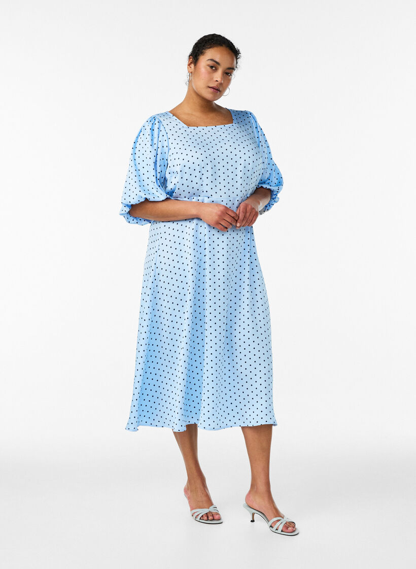 Polkadot midi-jurk met vierkante halslijn, Blauw, Model image number 1