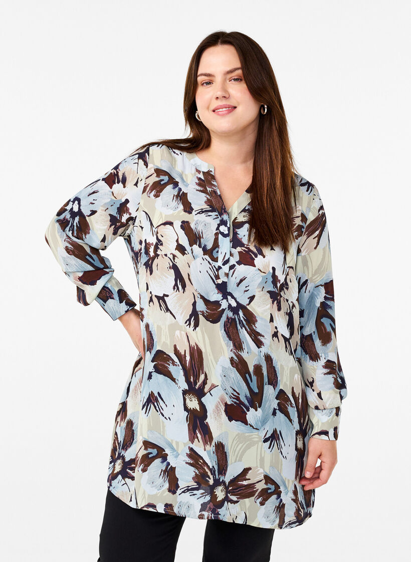Tuniek met lange mouwen en print, Grey Flower AOP, Model image number 0