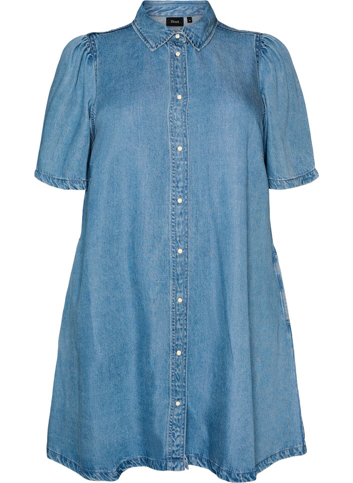 Denim jurk van lyocell met knopen en korte mouwen, Blauw, Packshot image number 0