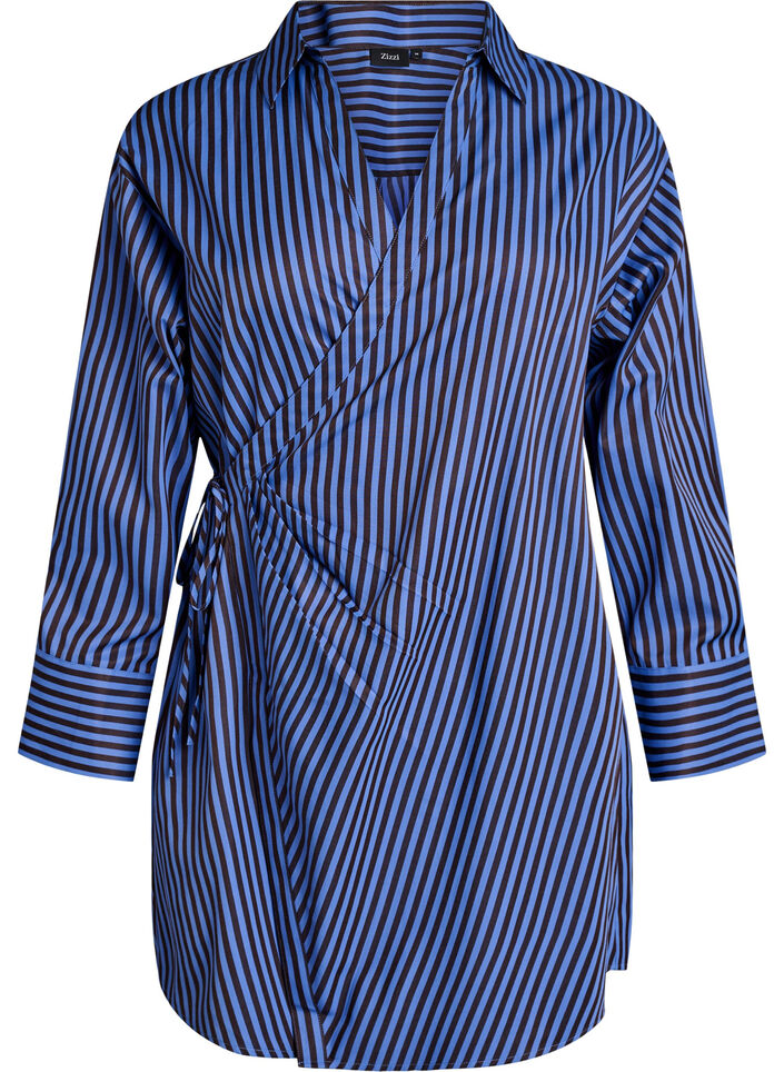 Gestreept shirt met wikkel-effect en een strikceintuur, Blauw, Packshot image number 0