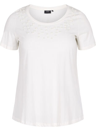 Katoenen T-shirt met parels, Warm Off-white, Packshot image number 0