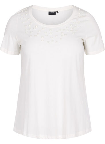 Katoenen T-shirt met parels, Warm Off-white, Packshot image number 0