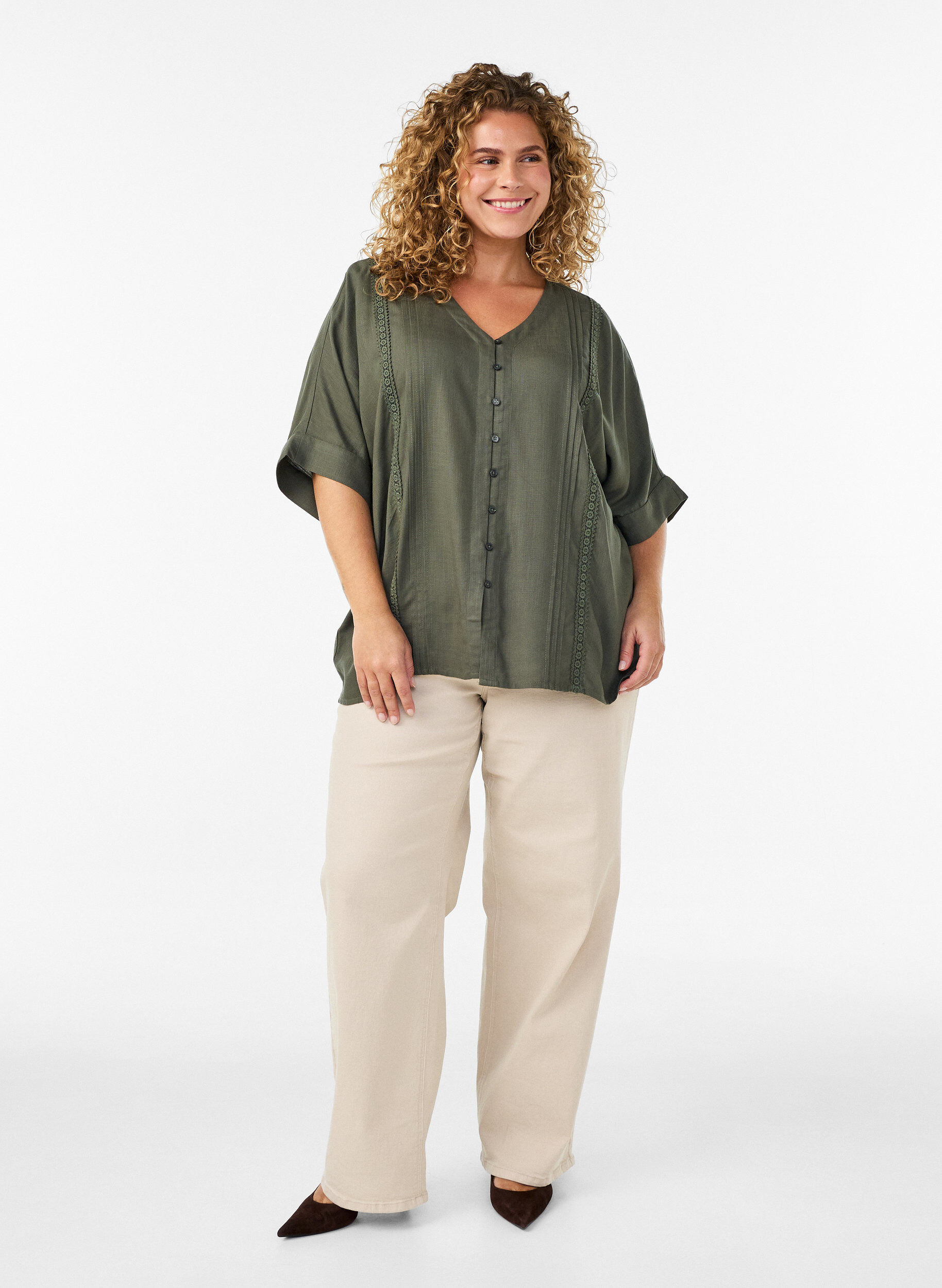 ZizziViscose blouse met crochet detail en knopen, Groen, Model image number 1